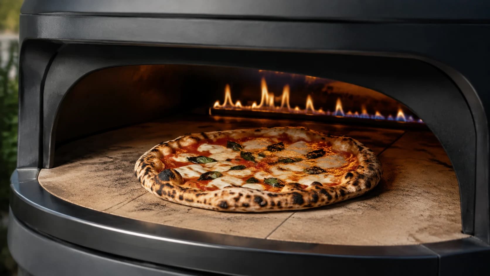 Neapolitan pizza baking on a stone deck inside a modern charcoal pizza oven, with flames at the back
